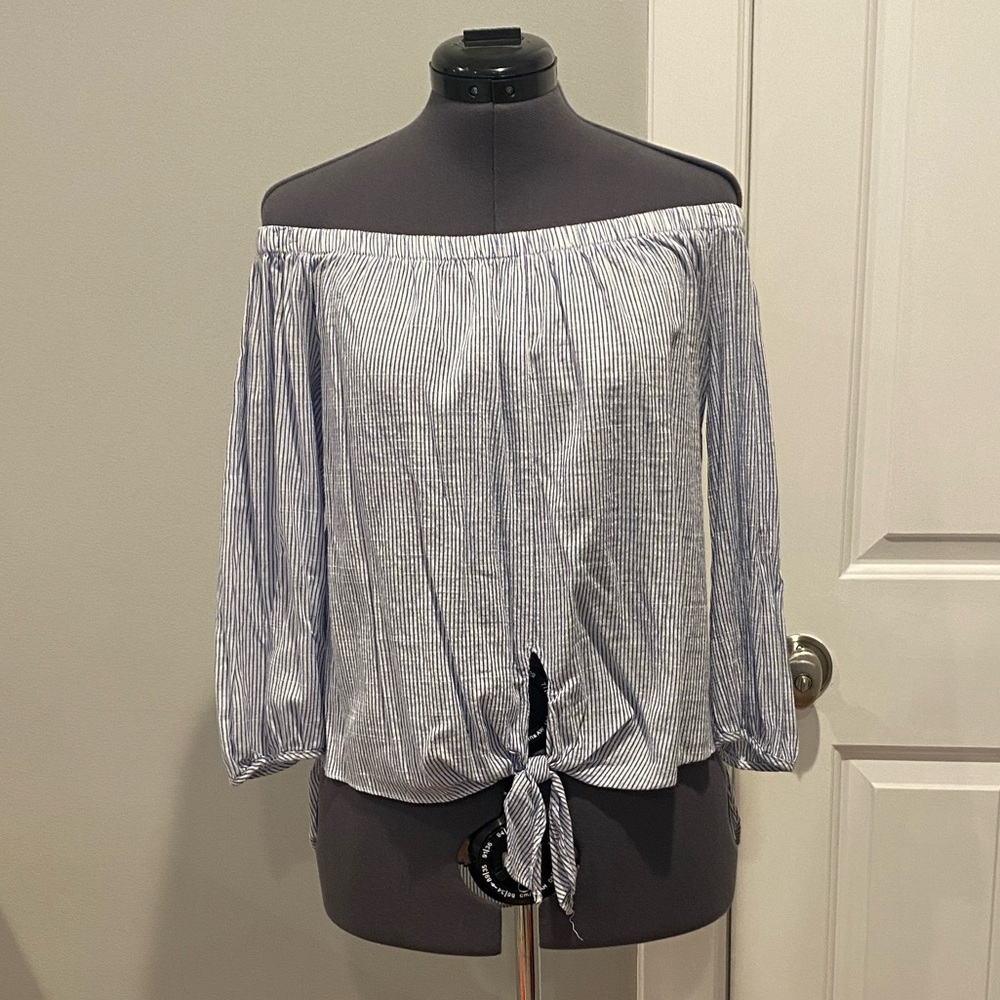Aqua Blue & White Striped Off the Shoulder Long Sleeve Top